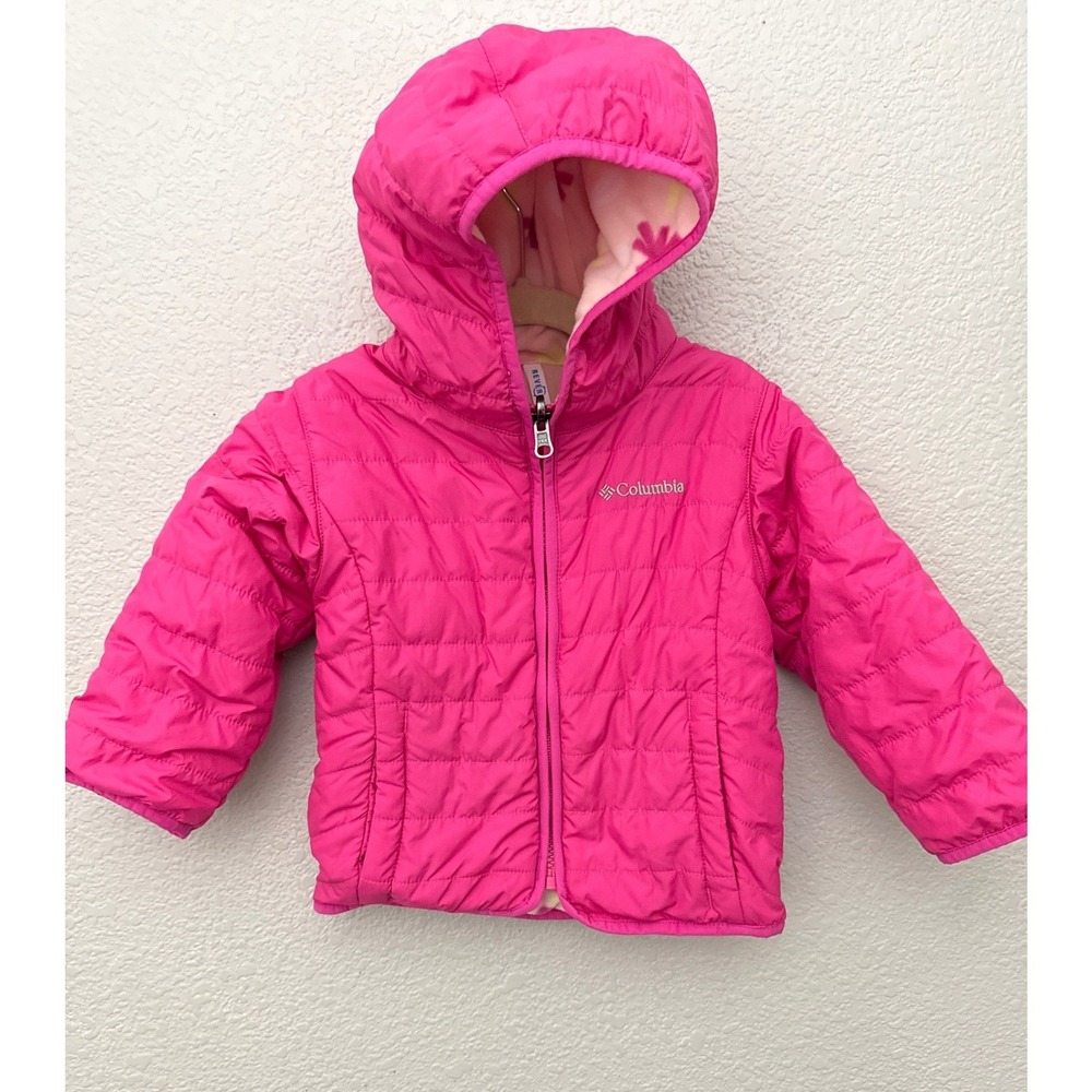 Columbia Reversible Jacket Pink Floral Fleece Hooded Coat Toddler Girl 3T